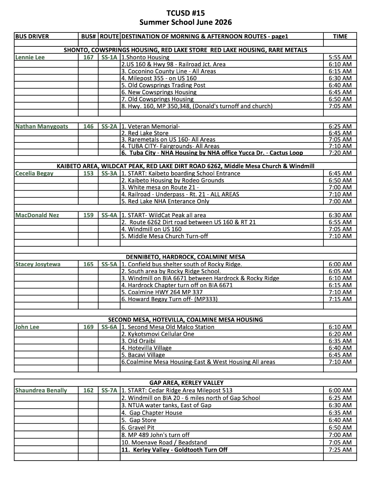 TCUSD 2026 Summer Bus Schedule Page 1 of 2